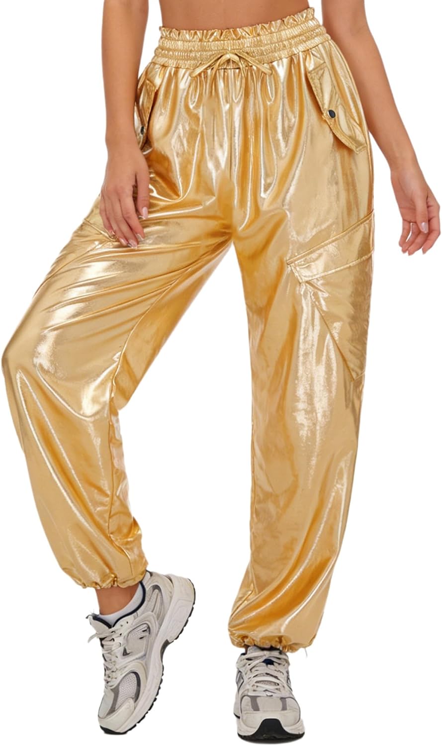 ranrann Women Baggy Hip Hop Dance Pants Wide Leg Trousers Multi-Pocket Joggers Elastic Waistband Nightclub