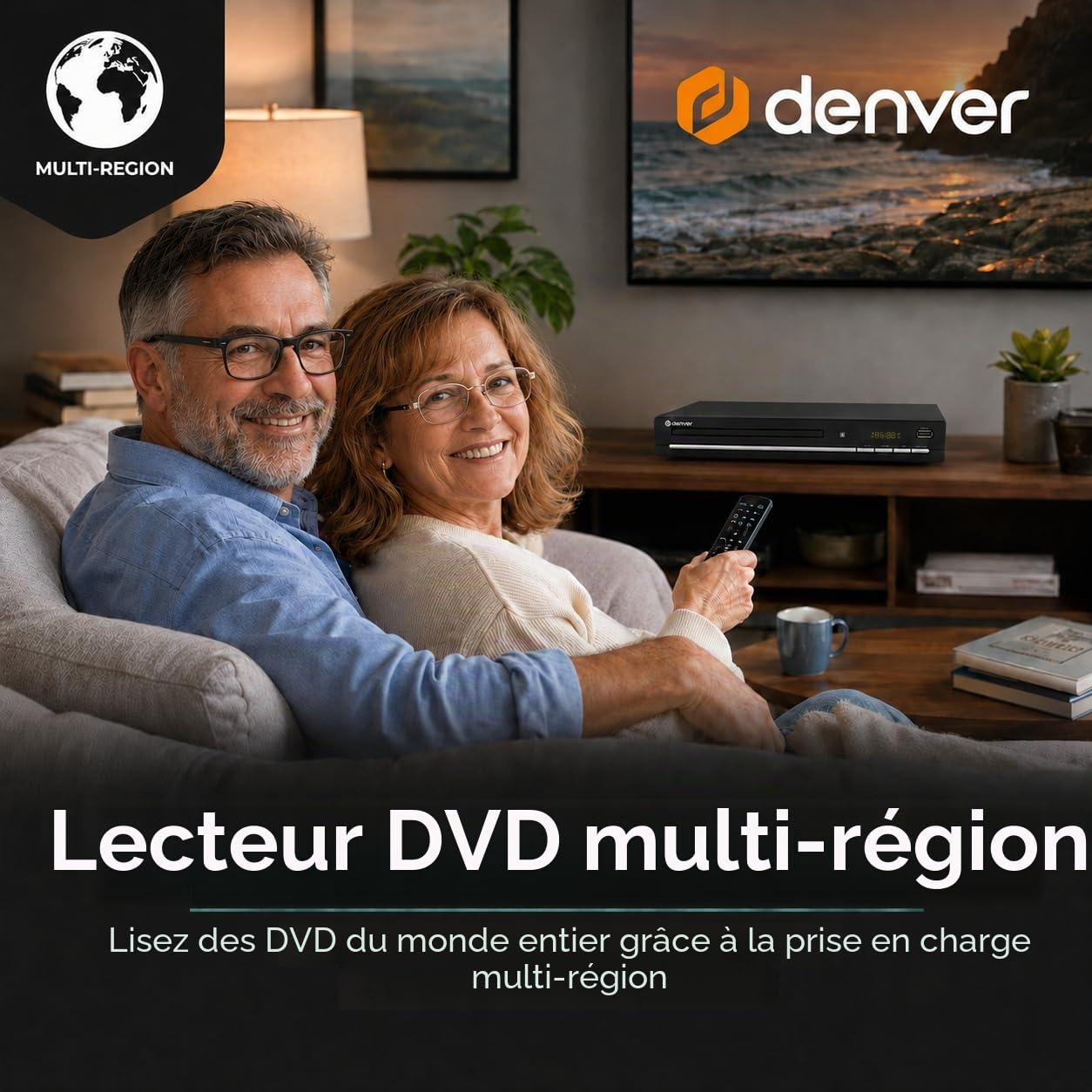 Denver DVH-7787 Lecteur DVD compact, multi-régions/toutes régions, mise à l'échelle Full HD 1080p, HDMI, connexions péritel et vidéo composite, port USB et télécommande