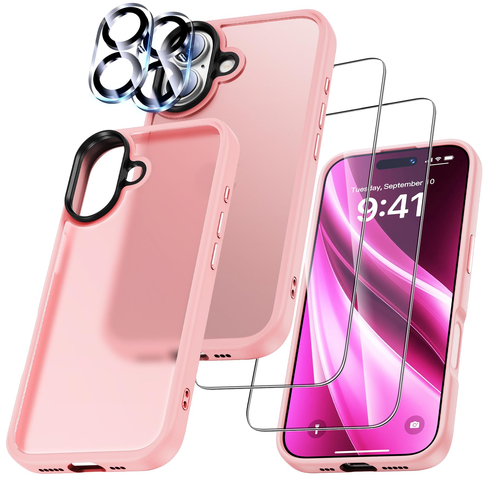 UniqueMe für iPhone 17 Hülle - Handyhülle für iPhone 17 Case, 5 in 1 Set Rundumschutz Schutzhülle Cover, 1 Handyhülle & 2 Schutzfolie & 2 Kameraschutz - Matt Rosa