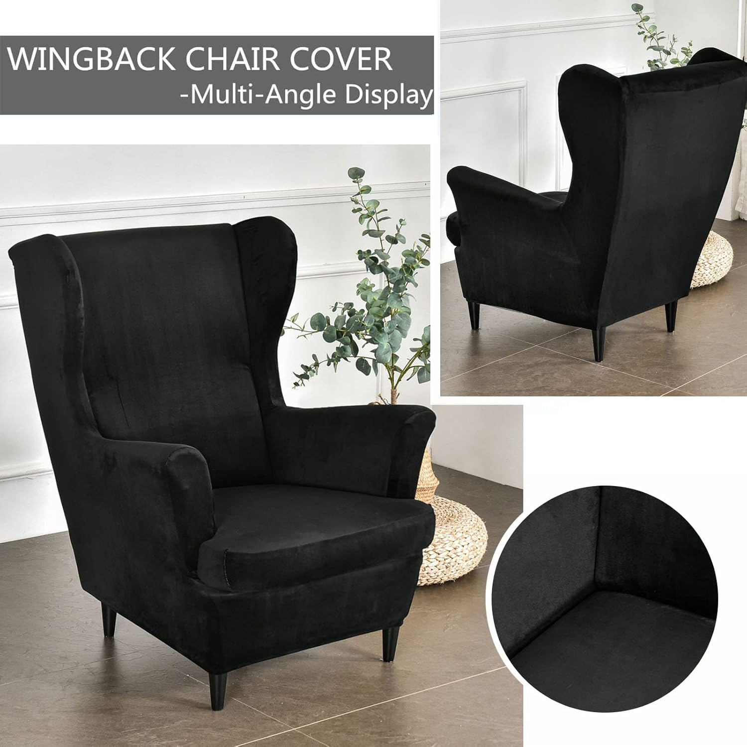 Stretch Velvet Plush Wing Chair Slipcover with Ottoman Cover Tiger Wingback Chair Cover Footstool Slipcovers Black Velvet Wing Chair and Ottoman Set