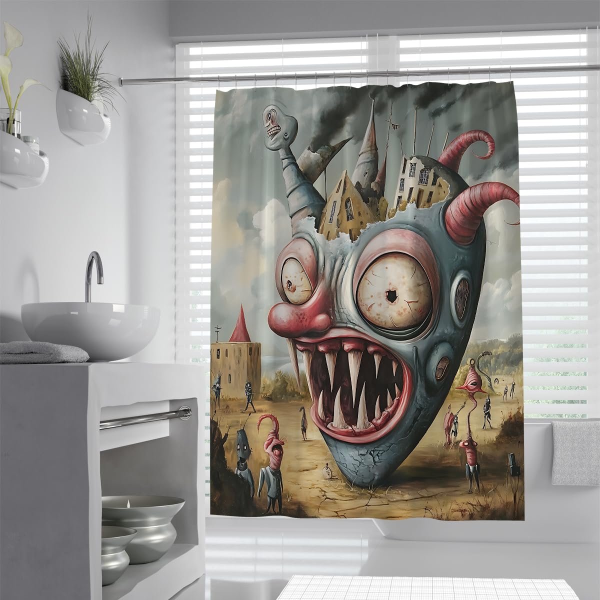 UIRINGART Spooky Creature Bathroom Curtain W150xL180cm Surreal Surrealist Castle Landscape Machine Washable Polyester Shower Curtain for Wet Room