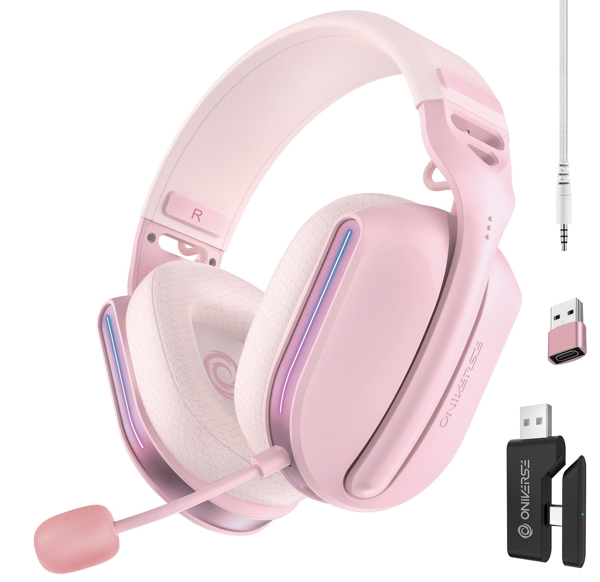 Oniverse Polaris Wireless Gaming Headset – Compatible with PS5, PS4, Switch 2, PC, Mobile, Lightweight LED Low Latency 2.4GHz or Bluetooth, 33h, 7.1 Virtual Sound, Dual Mic – Aurora Pink