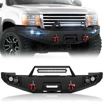 Front Bumper Compatible with 2007-2013 GMC Sierra 1500 Off-Road Pickup Truck Bumper Equipped with Winch Plate, Sensor Holes, License Plate Bracket & D-rings, Black