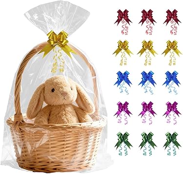 Volokitx 13-Pack 30x40 Inch Clear Cellophane Bags with 15 Colorful Pull Bows, Large Cellophane Wrap for Gift Baskets, Baby Showers, Raffles, and Charity Auctions