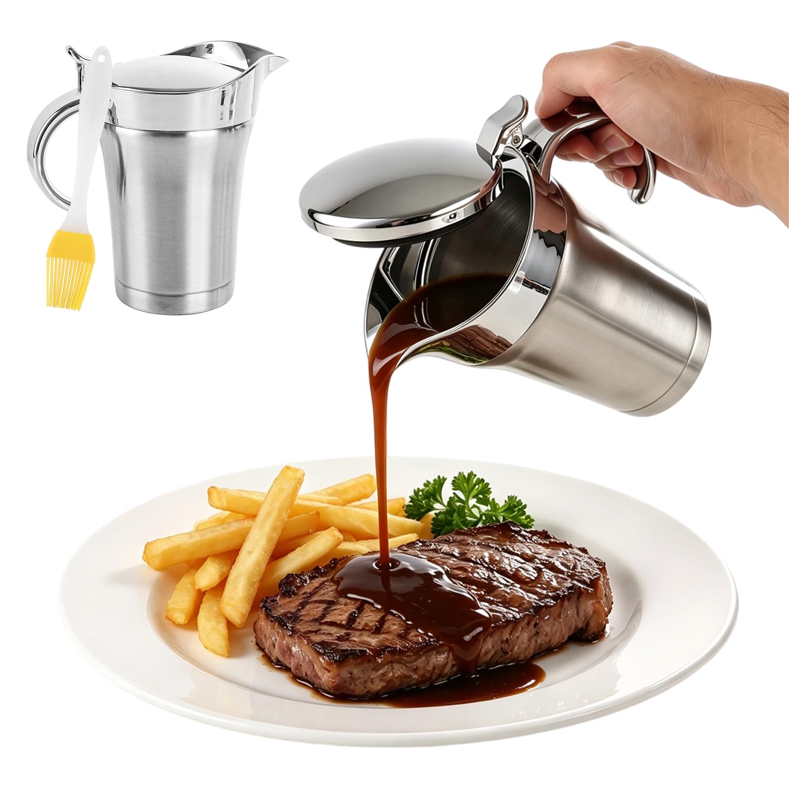 MEIDIV 2PCS 750ml Stainless Steel Gravy Jug, Gravy Boat with Lid, Sauce Boat, Double Wall Insulated Milk Jug with Lid, Steak Sauce Pots, Serving Jugs for Gravy, Sauce, Custard & Cream
