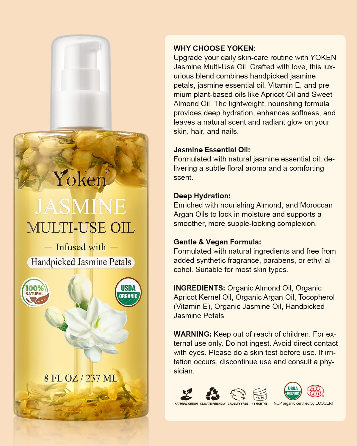 Olio corpo biologico multiuso per pelle, viso, capelli e unghie, con petali di gelsomino raccolti a mano, olio essenziale di gelsomino e vitamina E e olio di mandorle, nutriente e idratante, per