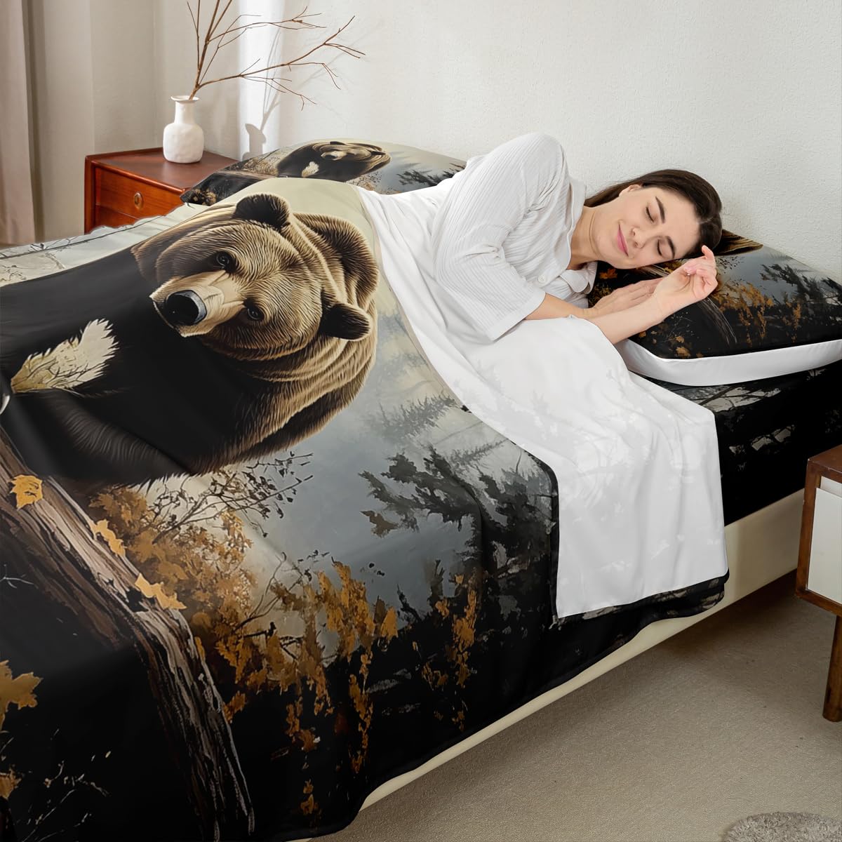 Homewish Nature Forest Bear - Juego de ropa de cama doble con diseño de oso pardo pardo, juego de sábanas bajeras de animales salvajes del bosque, 4 piezas