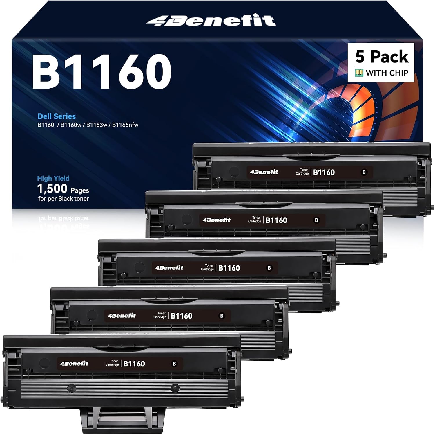 B1160 Toner Cartridge Replacement for Dell B1160 B1160W Toner Cartridge Compatible with Dell 1160 B1163w B1165nfw B1160 B1160w Printer - 5 Black,with Chip