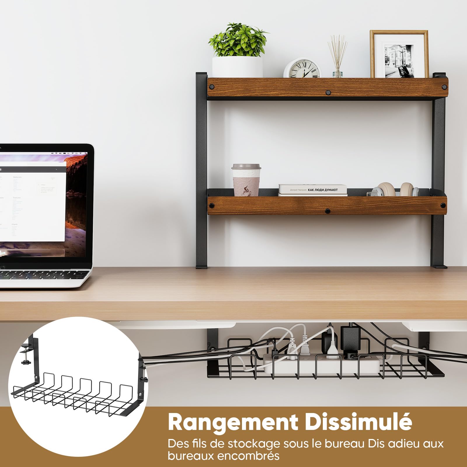 bimiti Organisateur de Bureau à Pince 2 Niveaux 17 Pouces avec Rangement Réglable pour Accessoires de Table Étagère de Bureau à Pince Installer en Haut ou en Bas，44 x 51x 17,5 cm，Marron rétro