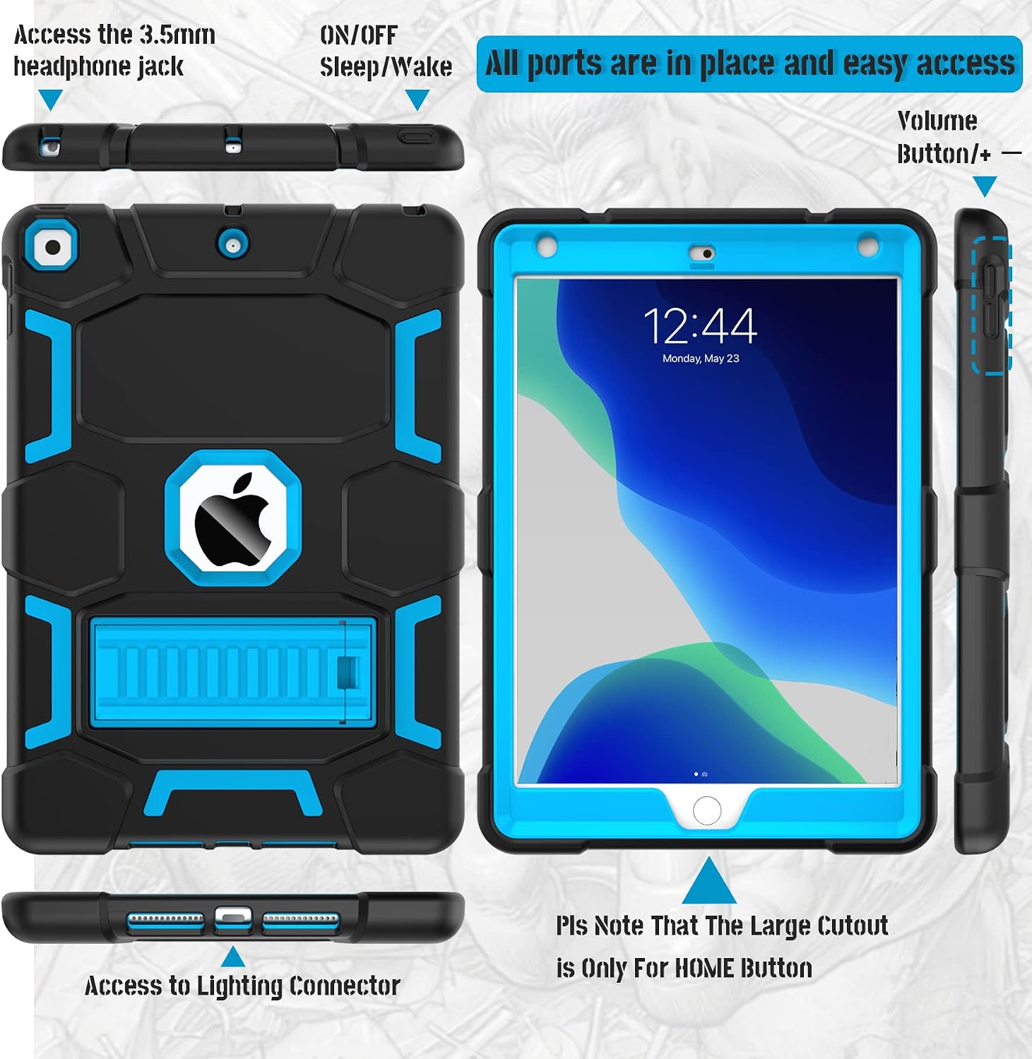 CCMAO iPad 9th Generation Case, iPad 8th/7th Generation Case, iPad 10.2 2021/2020/2019 Case with Kickstand, Heavy Duty Shockproof Hard Hybrid Three Layer Protective Cover for Kids Boys, Black+Sky Blue
