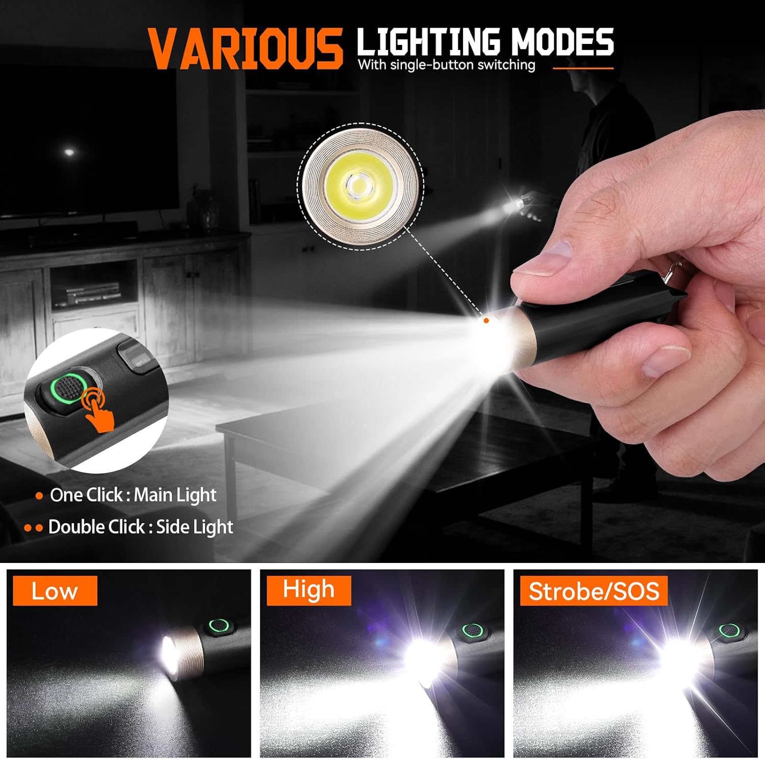 Rechargeable Mini Flashlight with UV Light & Red/Blue Warning, 200 Lumens Super Bright, Keychain Portable, Type-C Fast Charging, 4 Light Modes, Ideal for Outdoor, Tactical, and Emergency Use
