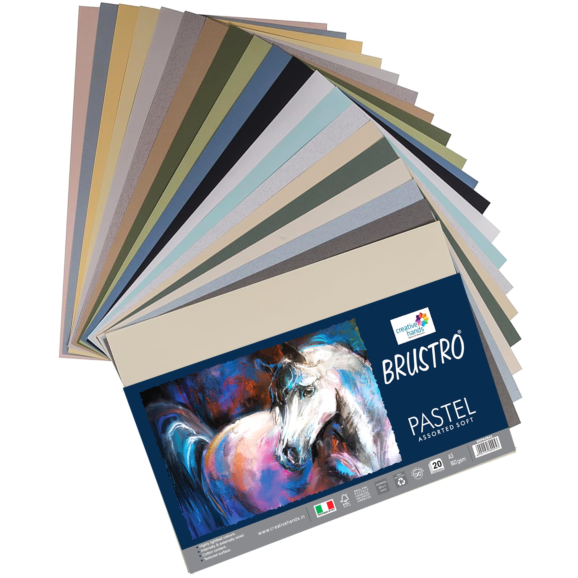 Brustro Artists - Carta per pastello, 160 g/mq, formato A3, confezione da 20 fogli, colori assortiti