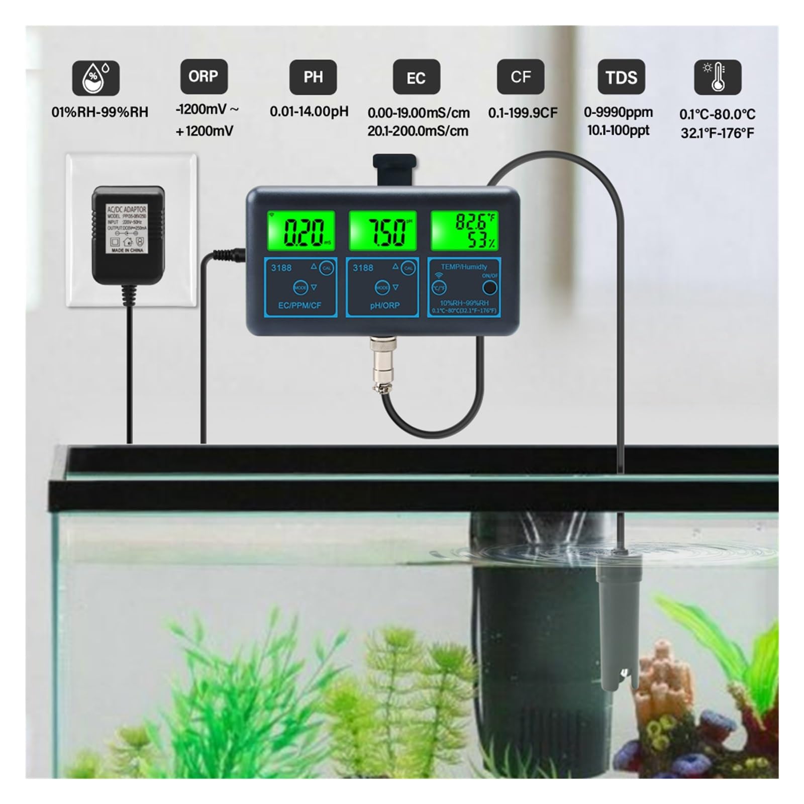 WiFi 7 in 1 Misuratore di PH Temp TDS CF RH EC ORP Tester for Acqua Tuya Smart Online Monitor Analizzatore Digitale for Acquario Piscina Idroponica Rilevamento Rapido E Preciso