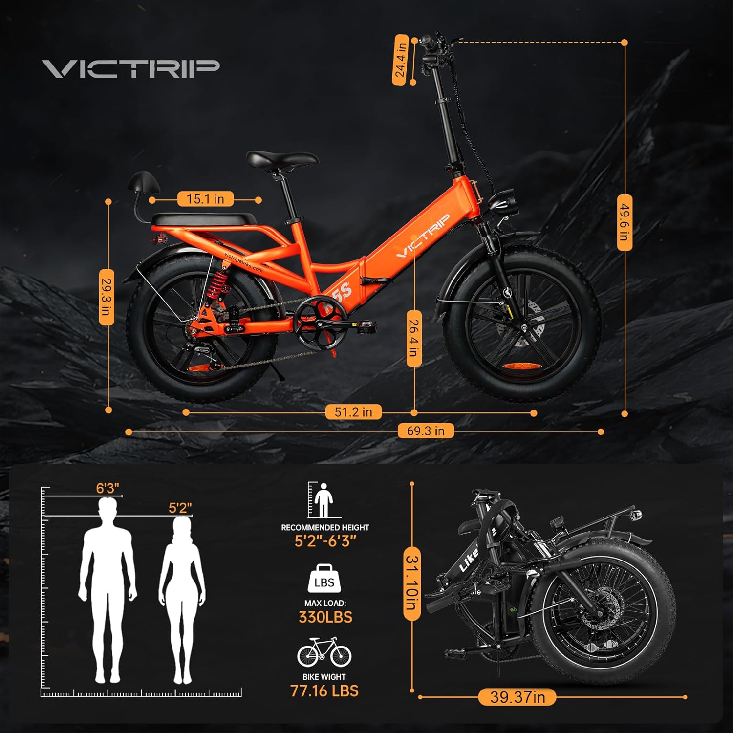 Diagram showing the dimensions of the VICTRIP Folding Electric Bike when unfolded and folded, along with recommended rider height and max load.