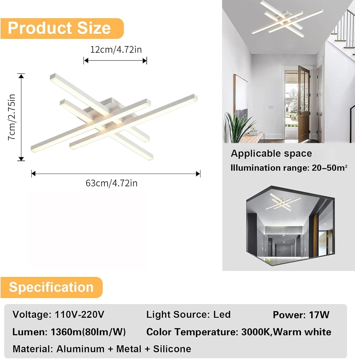 24 Inch LED Flush Mount Ceiling Light, 3000K Warm White Modern Linear Ceiling Lamp, Matte Iron Frame Low Profile Lighting Fixture for Bedroom,Living Room,Kitchen,Hallway