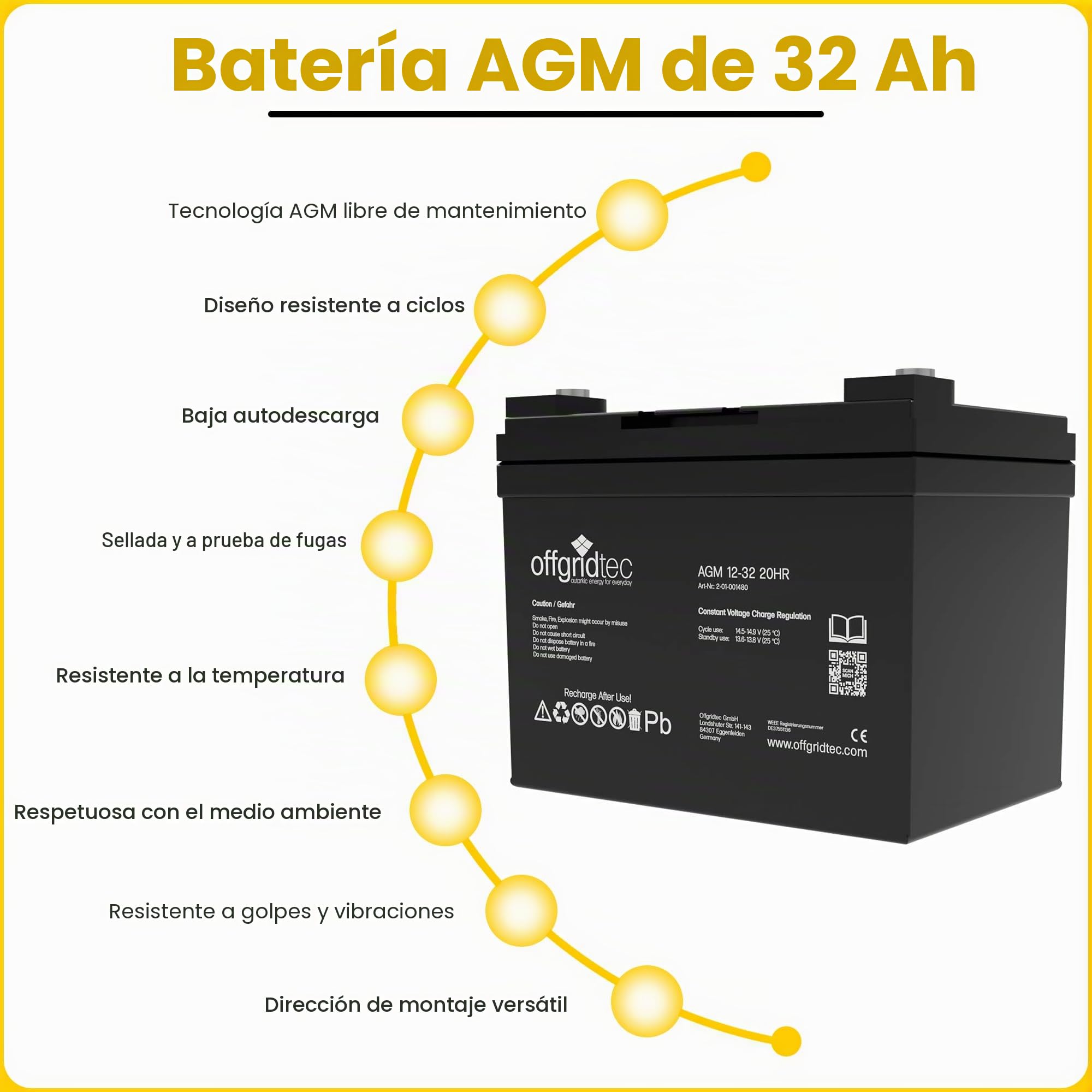 Offgridtec 32 Ah 12 V AGM Solar Batería para aplicaciones cíclicas, 2 – 01 – 001480