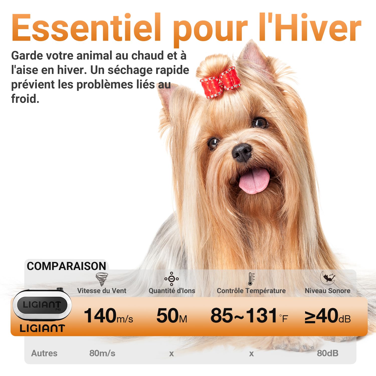 LIGIANT P40 Asciugacapelli per Cani Blower, Ultra Silenzioso (40 Db modalità Gatto), 3 Bocchette in 1, velocità & Temperatura Regolabili, Tecnologia a Ioni Negativi, Compatto e per Cani e Gatti