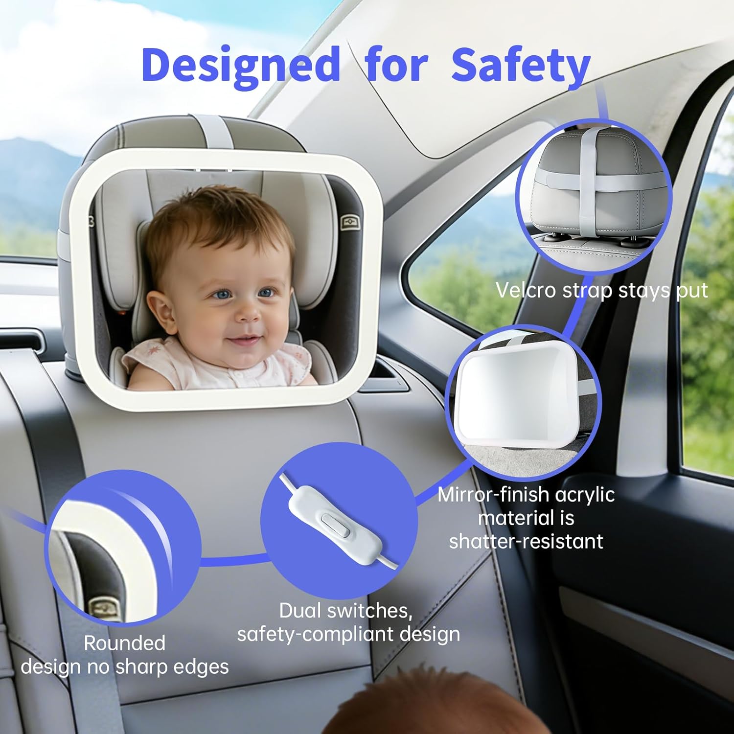 Baby Car Mirror with Remote Control Light, Shatterproof, 360° Adjustable Wide View with Night Vision, Easy Install for Rear Facing Infant Backseat