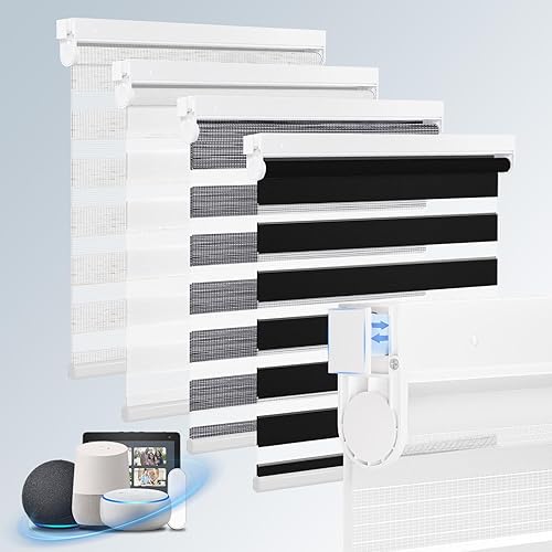 Grandekor Persianas motorizadas de cebra con control remoto, sin taladro, sin herramientas, persianas de cebra inalámbricas de doble capa para