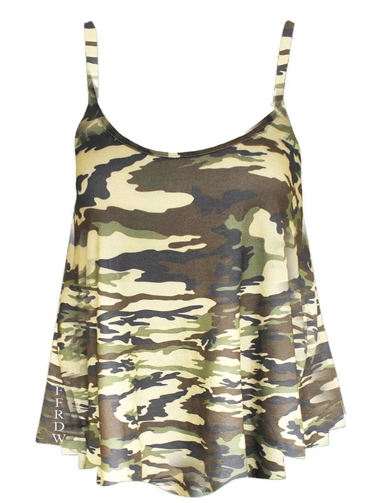 Gostyles Women's Camouflage Gostyles® Plain & Printed Spaghetti Strap Sleeveless Cami Vest, Summer Flared Swing Camisole Strappy Tank Tops (, 16-18)