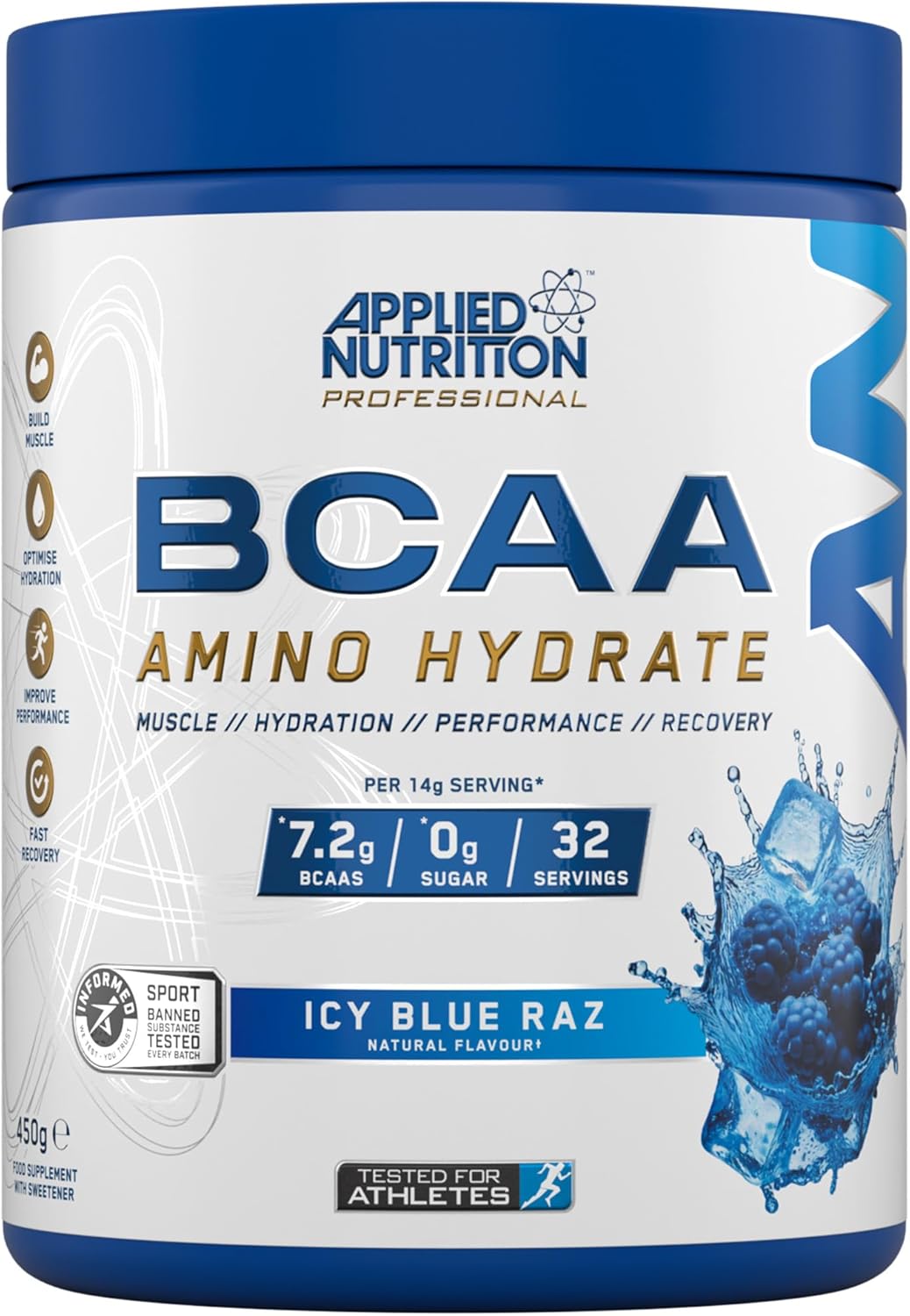 Applied Nutrition BCAA Powder – Branched Chain Amino Acids BCAAs Supplement, Amino Hydrate Intra Workout & Recovery Energy Drink (450g – 32 Servings) (ICY Blue Raz)