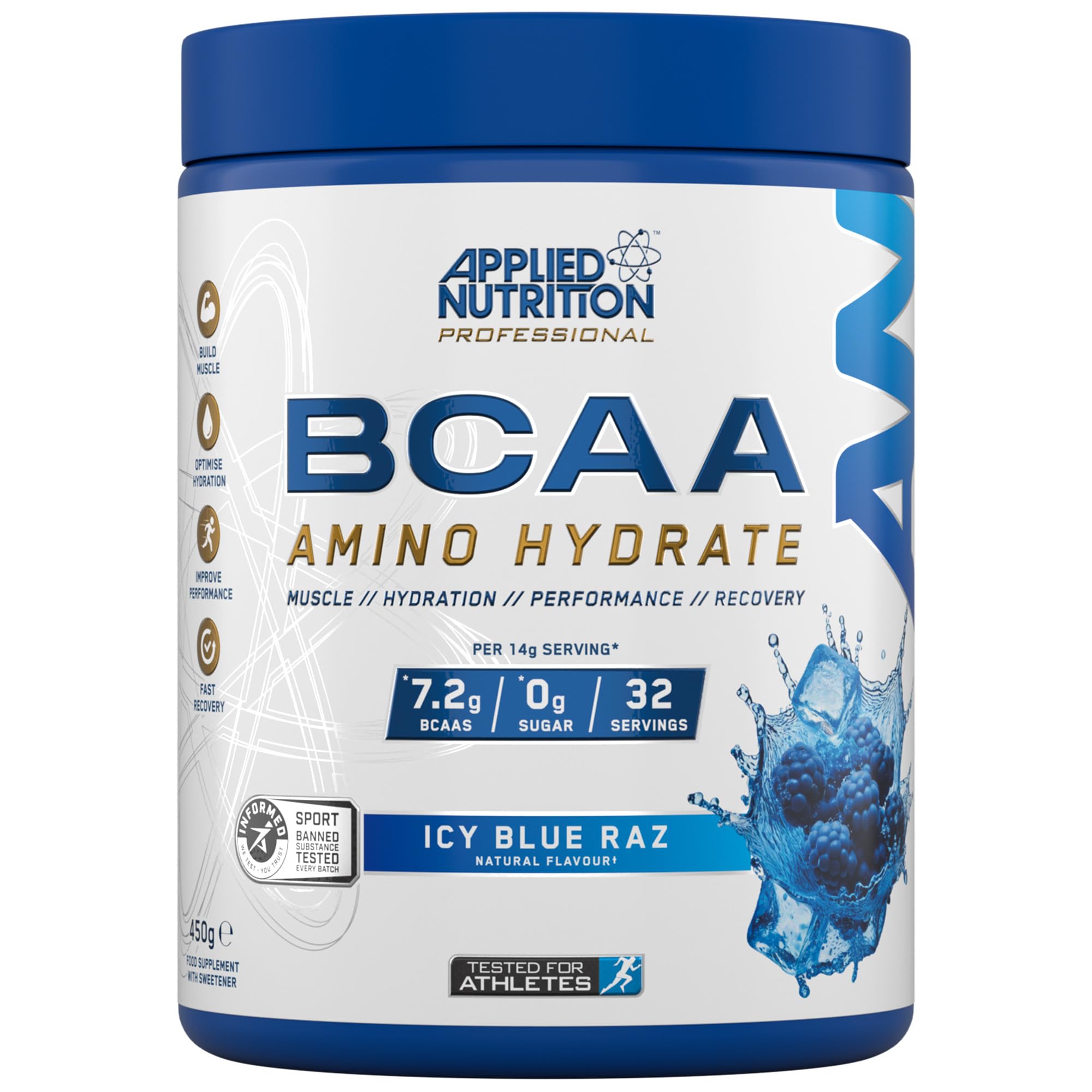 Applied Nutrition BCAA Powder - Branched Chain Amino Acids BCAAs Supplement, Amino Hydrate Intra Workout & Recovery Energy Drink (450g - 32 Servings) (ICY Blue Raz)
