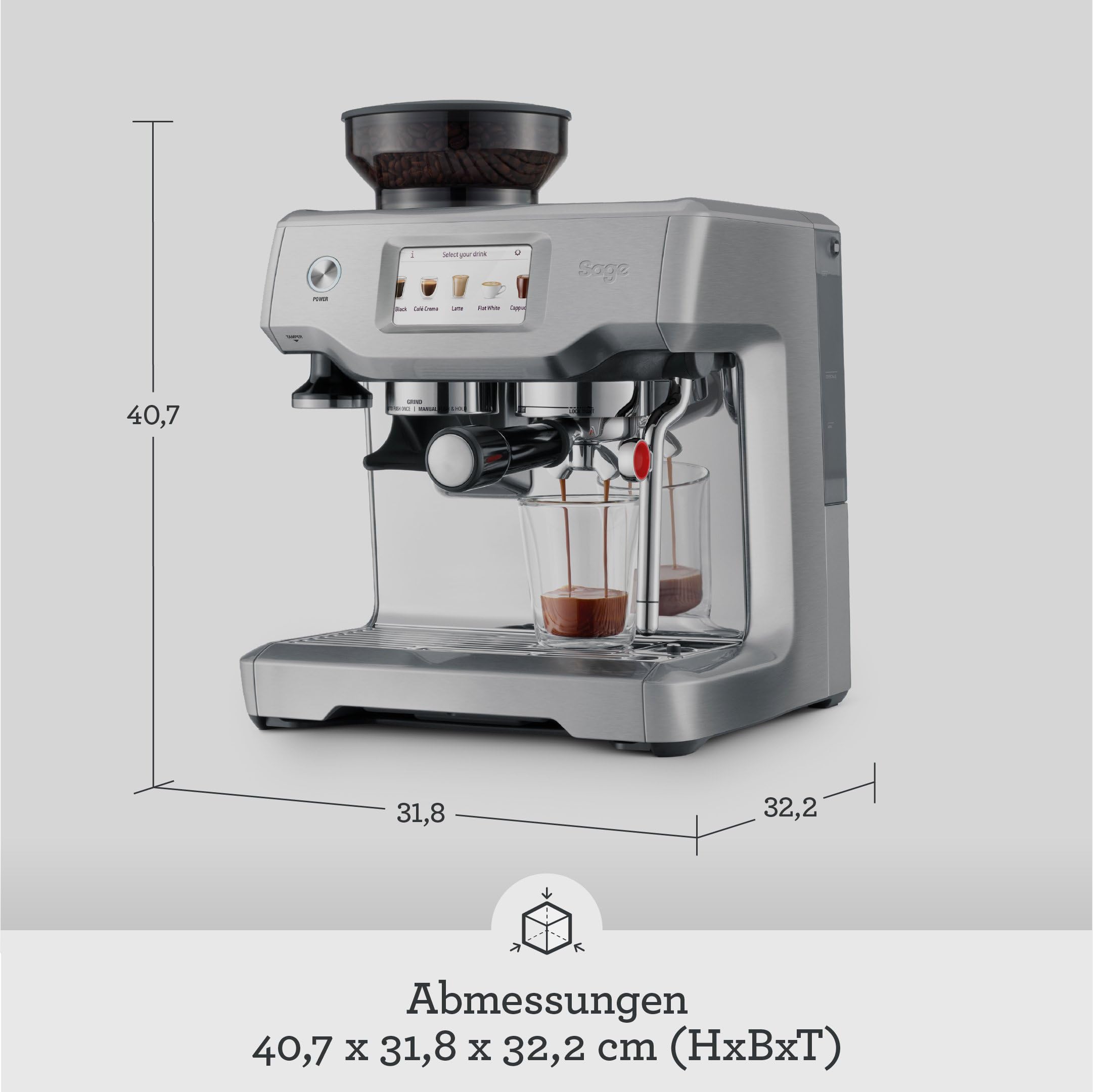 Sage - The Barista Touch - Kaffeemaschine mit automatischem Milchaufschäumer & integriertem Mahlwerk - Touchscreen, abnehmbarer Tamper, 5 Voreinstellungen - Siebträgermaschine - Gebürsteter Edelstahl