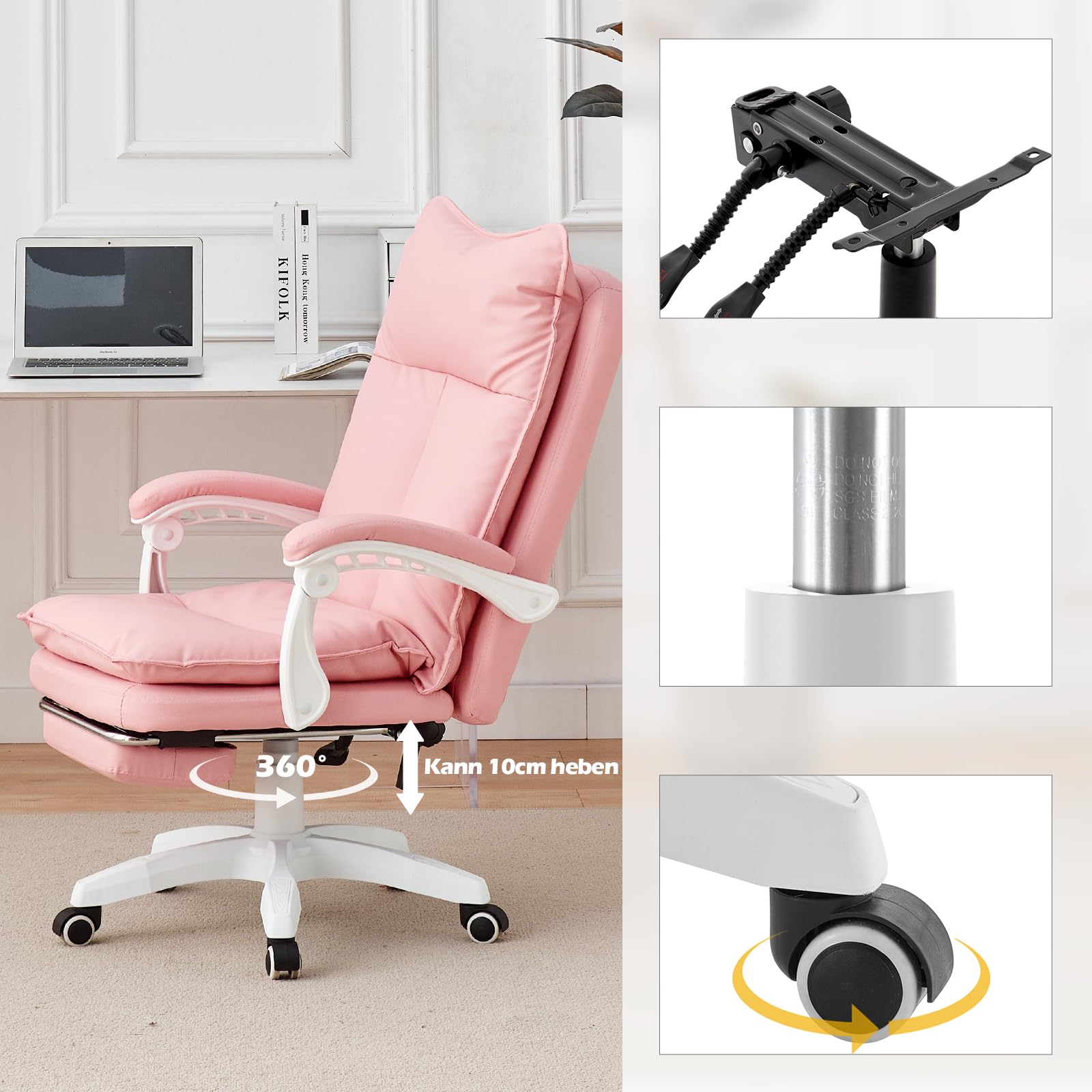 TUKAILAI Bürostuhl Ergonomisch aus Kunstleder, Schreibtischstuhl Drehstuhl Chefsessel Computerstuhl mit Verstellbarer Hoher,Rückenlehne,Gepolsterte Armlehne, Fußstütze,Höhenverstellbarer, Rosa