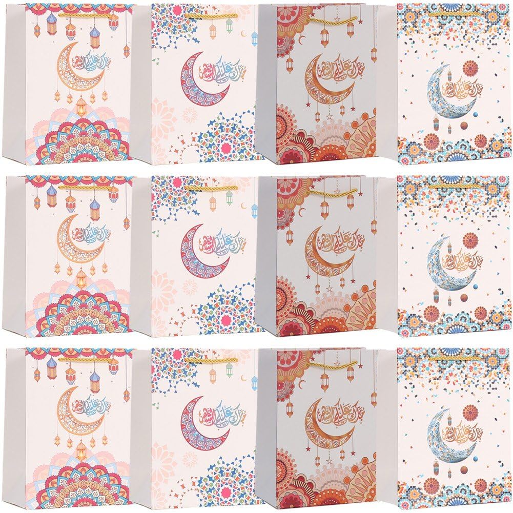Sac Eid Mubarak en papier : lot de 12 pochettes cadeaux avec poignées pour fêtes musulmanes