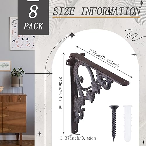 Miniatura 8 de Lounsweer Paquete de 8 soportes de estante de latón antiguo resistentes de 8 pulgadas para montaje en pared, soportes decorativos de metal flotante
