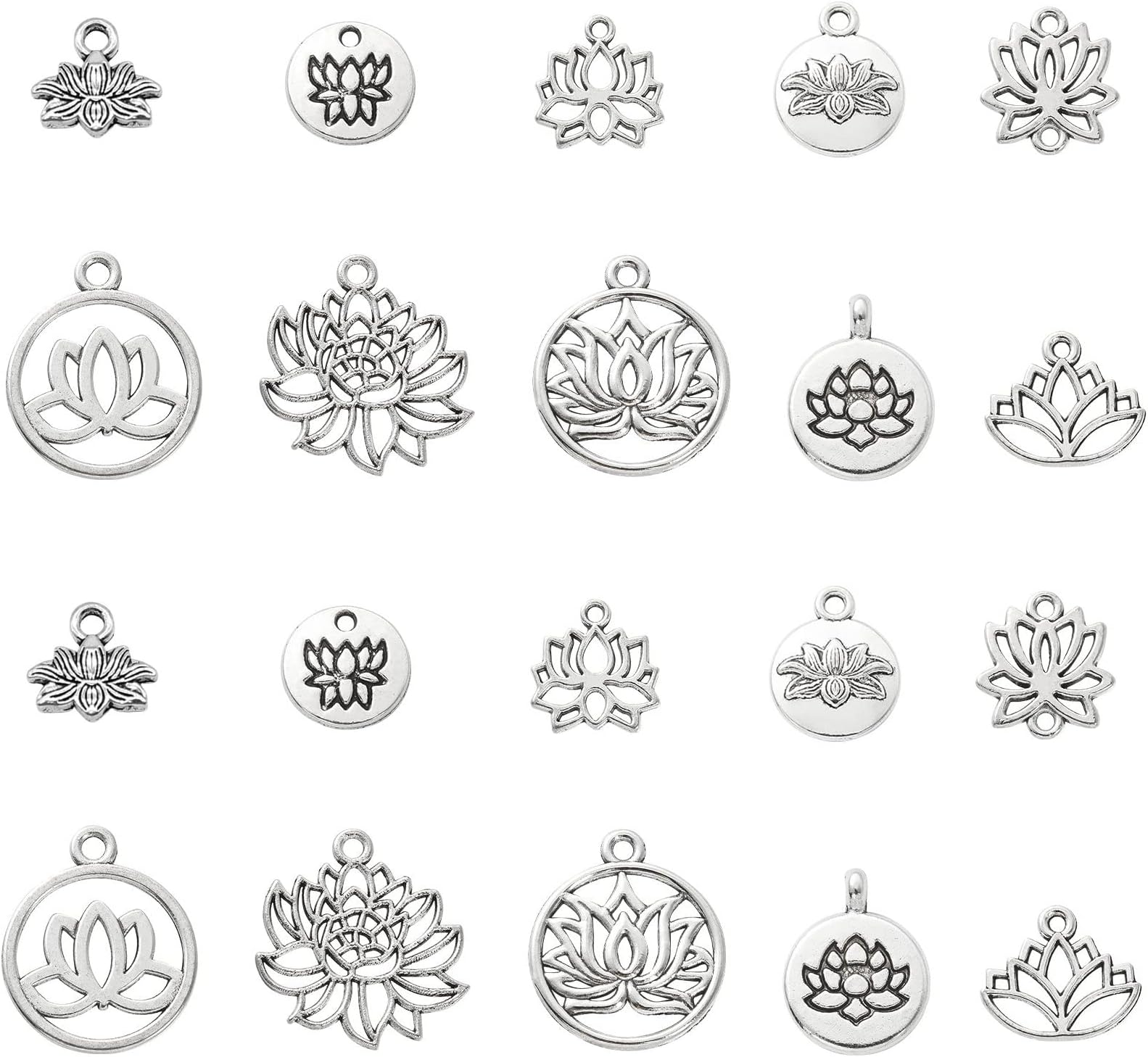 DanLingJewelry 100Pcs 10 Styles Lotus Flower Pendants Hollow Dangle Lotus Charms Vintage Yoga Charms for Jewelry Making DIY Craft