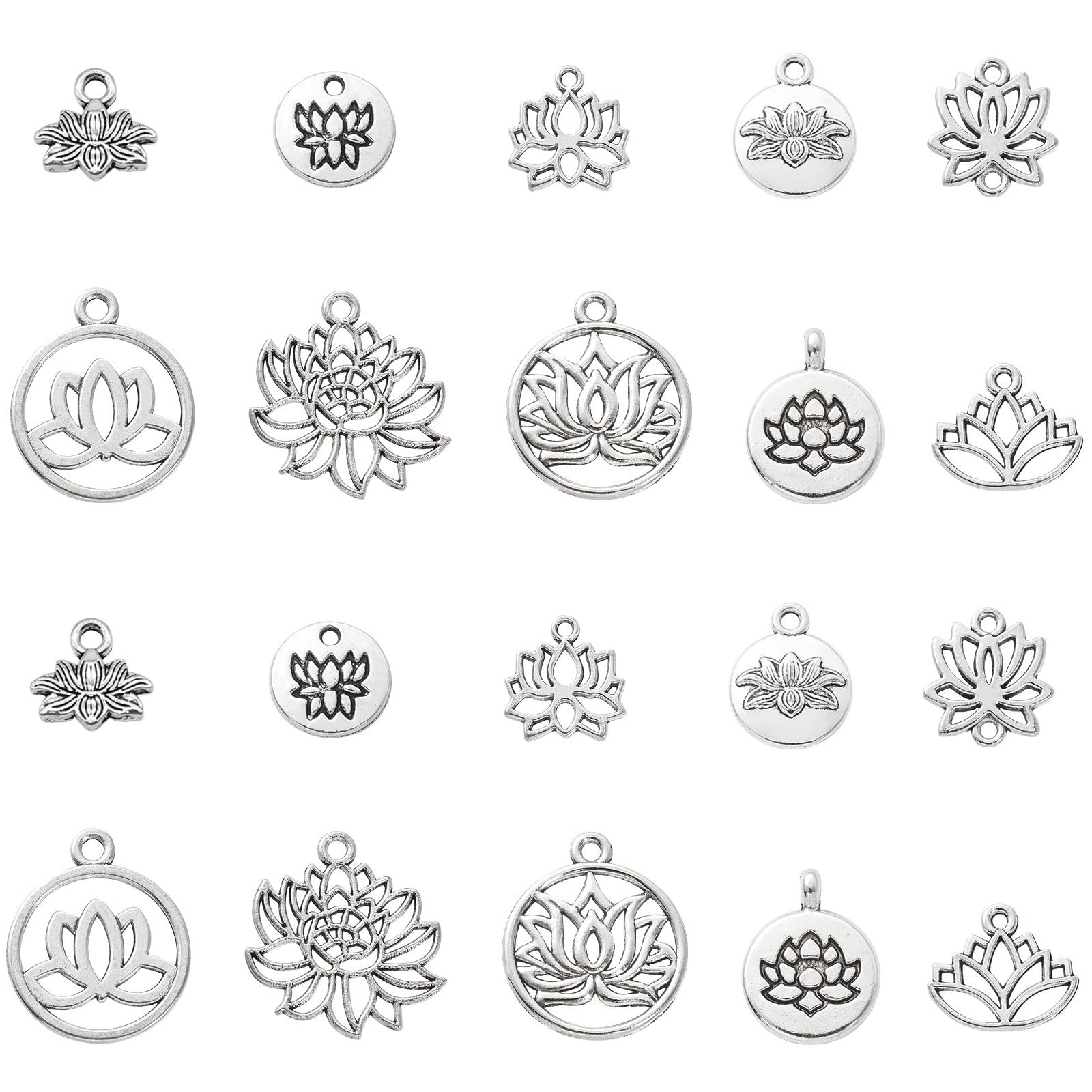DanLingJewelry 100Pcs 10 Styles Lotus Flower Pendants Hollow Dangle Lotus Charms Vintage Yoga Charms for Jewelry Making DIY Craft