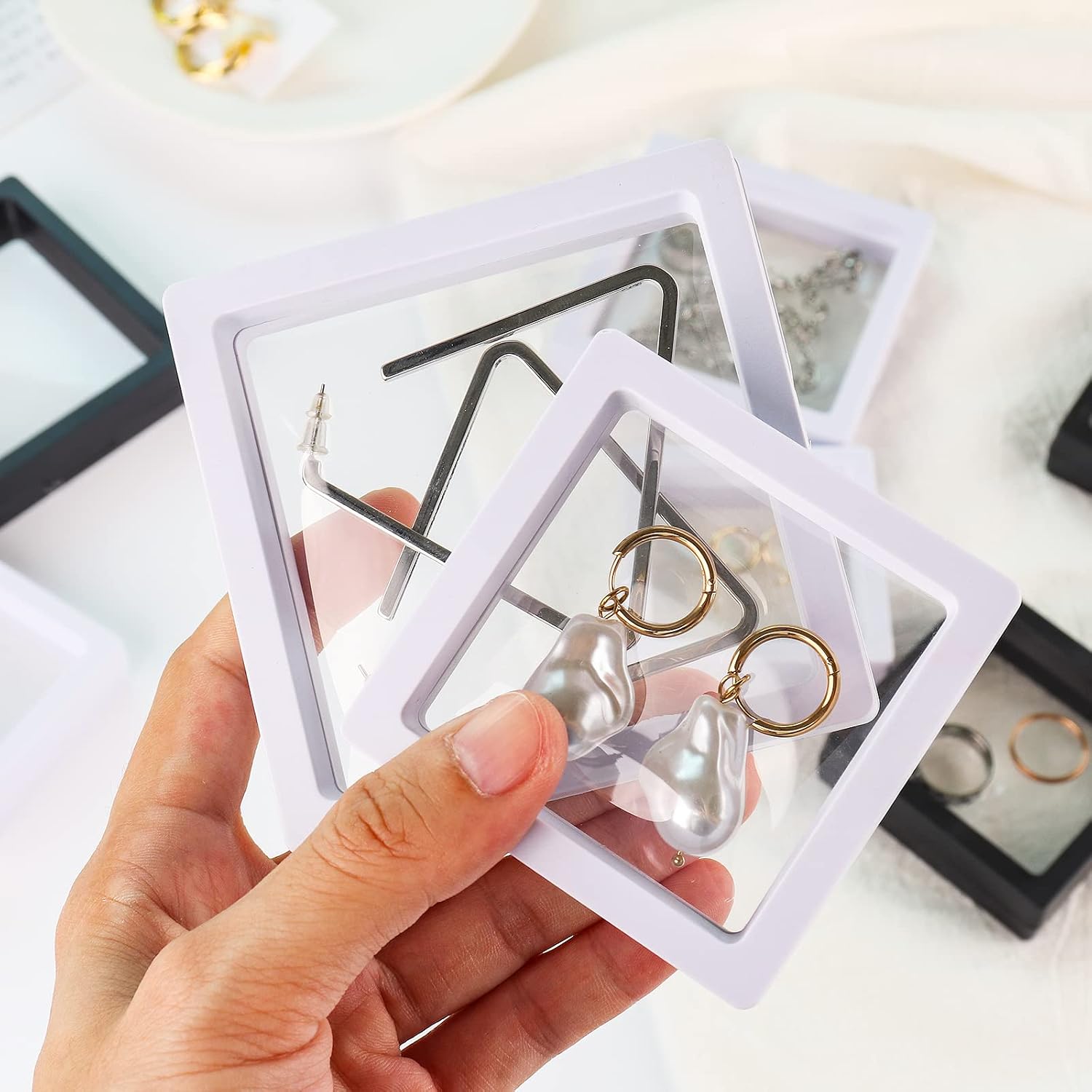 10 Pieces White 3D Floating Frame Display Transparent Jewelry Storage Cases, Clear Organizer Storage Box for Coins Necklace Earrings Pearls Medals Specimen Prevent Oxidation,PE Plastic Acid Free