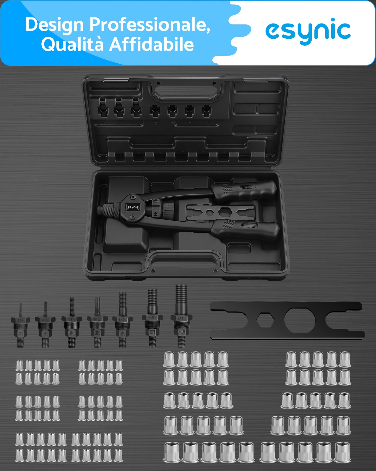 eSynic 13" Pistola per Rivetti Manuale con Manico Ergonomico, 7 Mandrini Intercambiabili M3 M4 M5 M6 M8 M10 M12, 100 Dadi e Valigetta, Rivettatrice per Assemblaggio Riparazioni Manutenzione - Nero