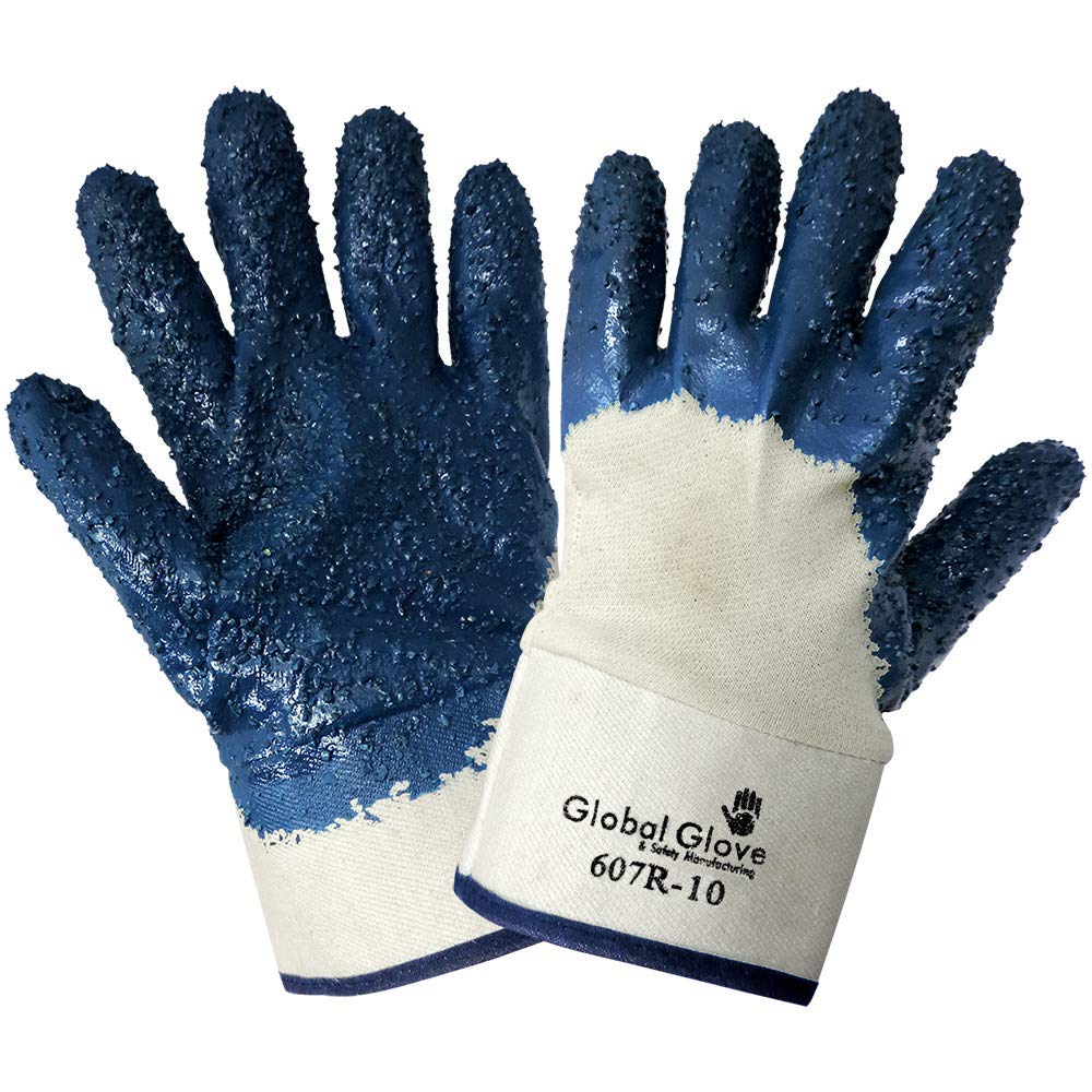 Global Glove 607R Nitrile Dipped on 2 Piece Jersey Glove with Safety Cuff, Chemical Resistent, Extra Large, Light Blue (Case of 72)