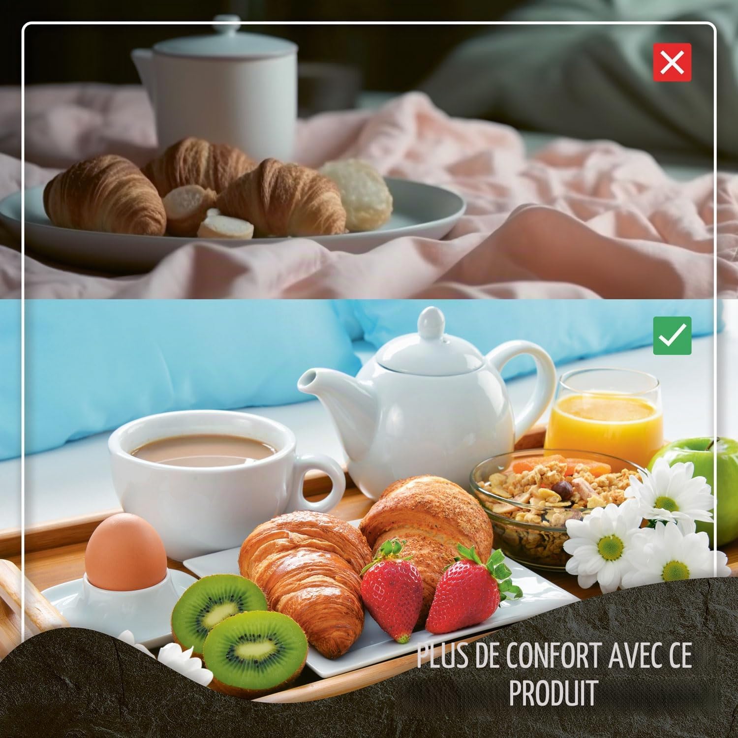 Plateau de Petit Déjeuner en Bambou, Table de Lit avec Pieds Pliables, Lapdesk pour Ordinateur Portable XXL Naturel