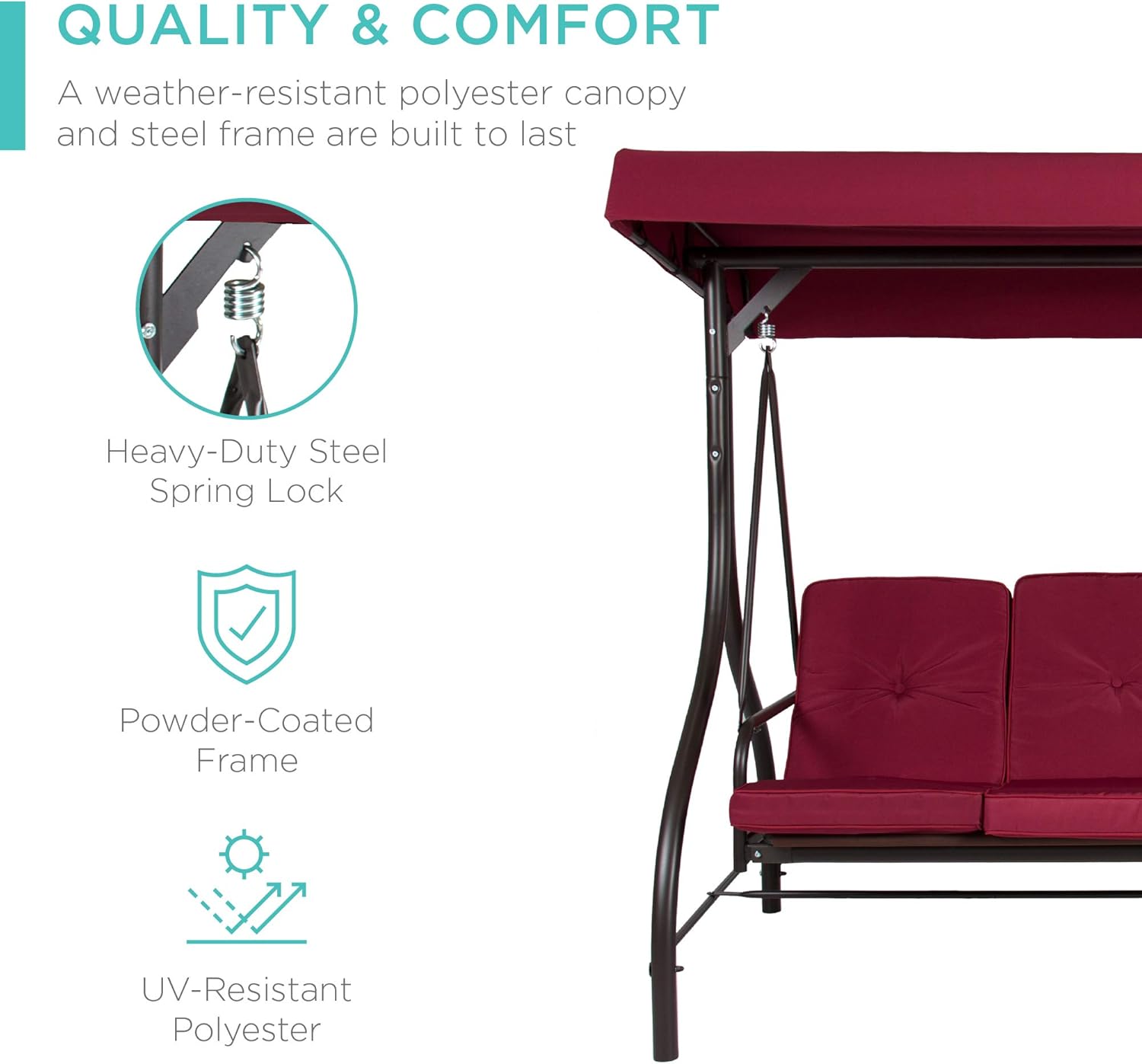 Best Choice Products 3-Seat Outdoor Large Converting Canopy Swing Glider, Patio Hammock Lounge Chair for Porch, Backyard w/Flatbed, Adjustable Shade, Removable Cushions - Burgundy