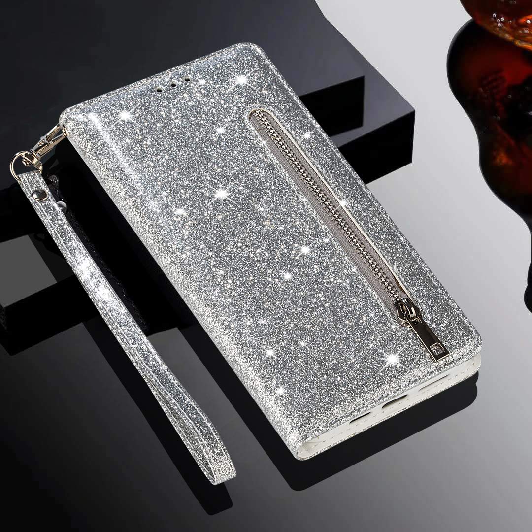 VLQI Custodia Libro Compatibile con Xiaomi Mi 11 Lite 5G Glitter Cover Portafoglio Magnetica Antiurto con Slot per Schede Brillantini Donna Ragazza Accessori di Cellulari Nero