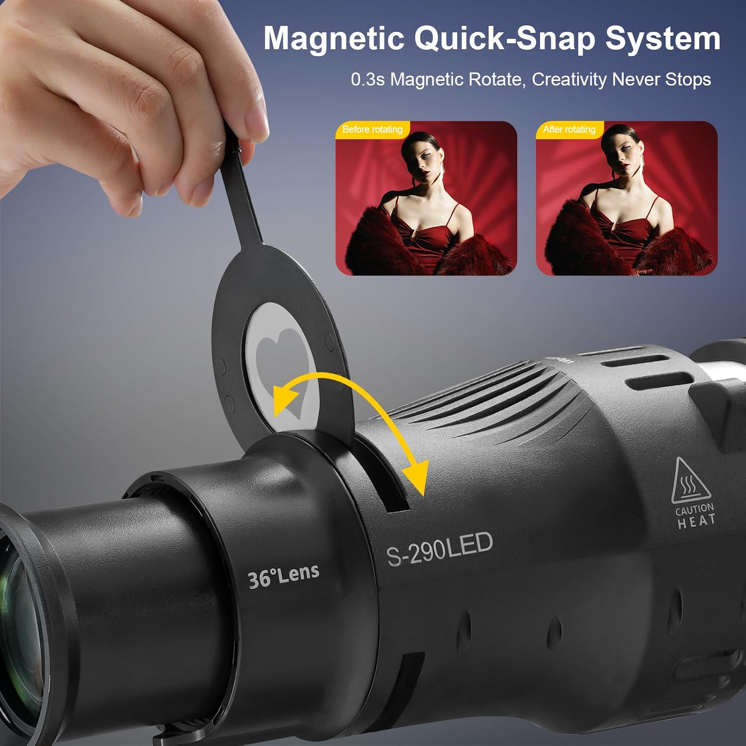 WELLMAKING Bowens Mount Optical Snoot Conical S-290LED Kit. 2 Times Brighter, Adjustable Focus Lens, Aperture Modifier and 12 Gobos; for Photography, Studio Video, only suitfor LED Continuous Lights