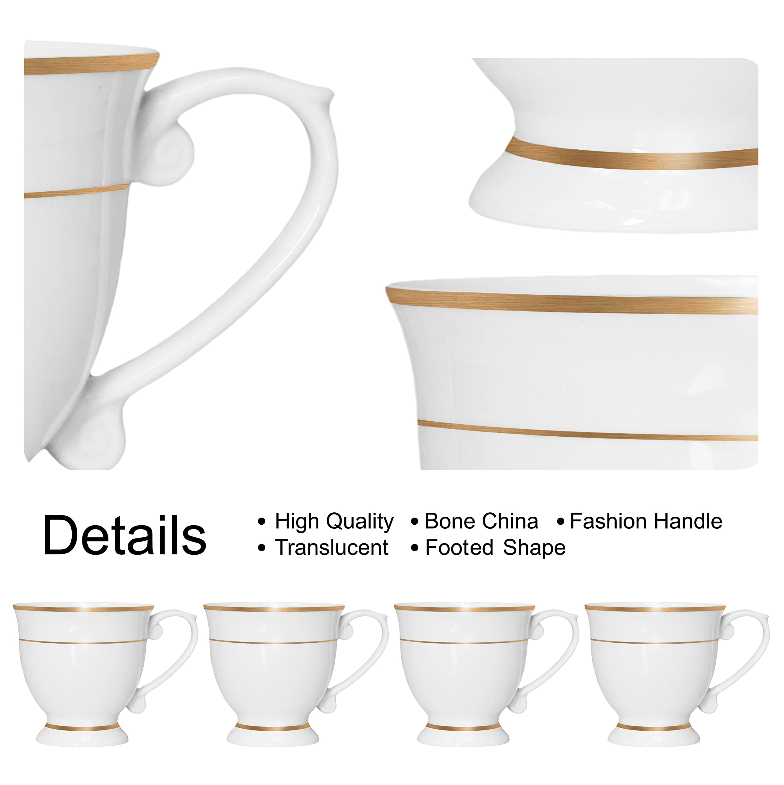 QOUTIQUE Bone China Decorated Coffee Mugs - 20 Ounce - Set of 4, Cups for Latte, Hot Tea, Cappuccino, Mocha, Cocoa, Mug Set, Large Coffee Mug, Gold Rim
