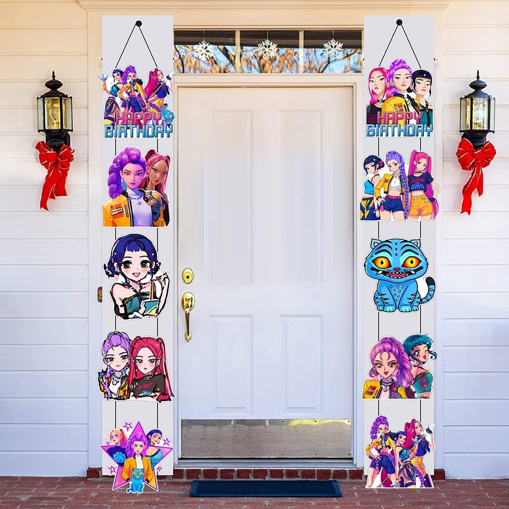 2pcs Demon Movie Hunters Porch Sign Door Hanging Banner, Cute Animal Birthday Party Supplies for Kids Party Wall Decorations
