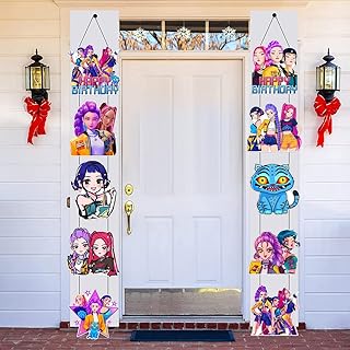 2pcs Demon Movie Hunters Porch Sign Door Hanging Banner, Cute Animal Birthday Party Supplies for Kids Party Wall Decorations