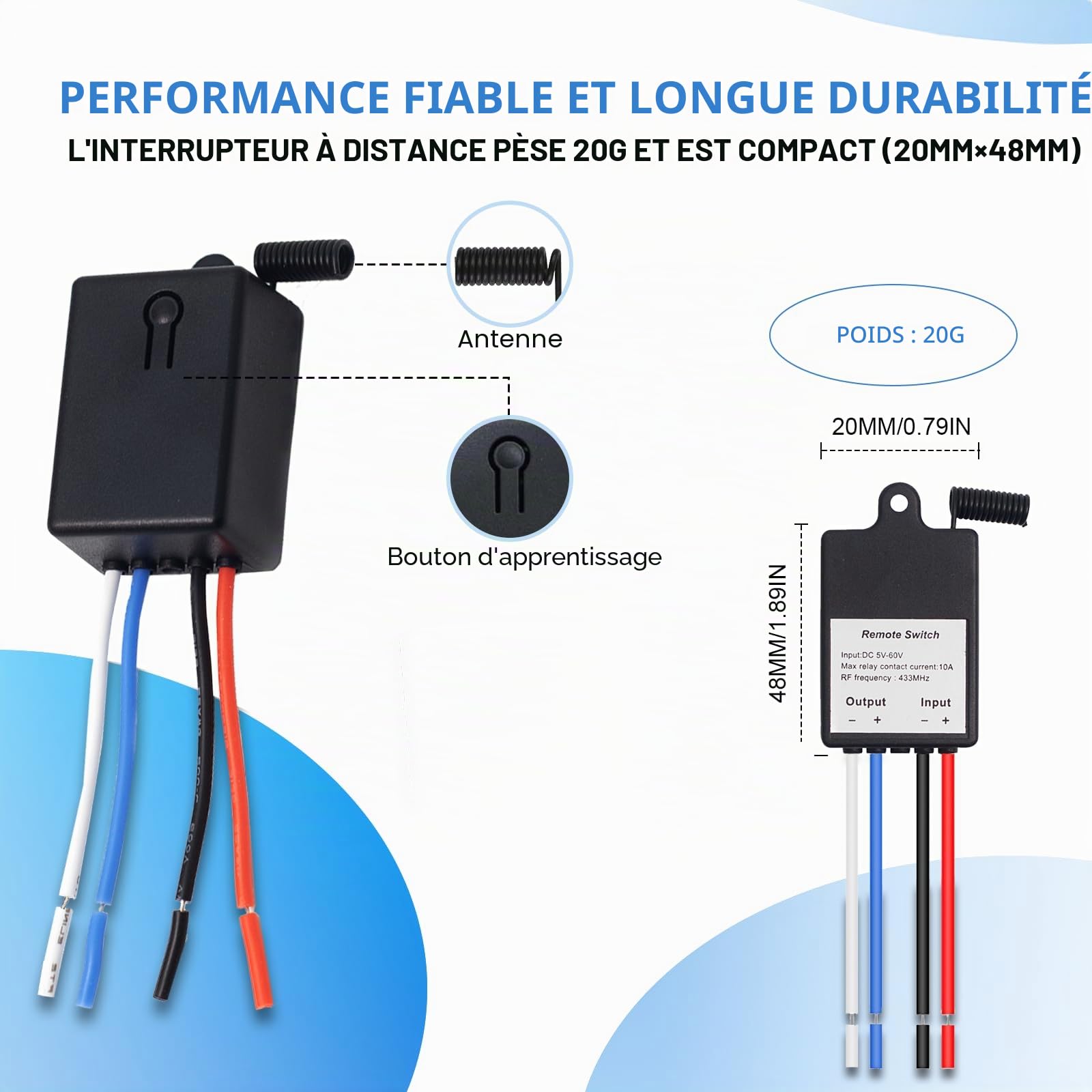 QIACHIP Interrupteur sans fil 433 MHz 1CH 5 V 6 V 12 V 24 V avec télécommande, 5-60 V CC 10 A Mini relais sans fil 328 FT pour ventilateur, moteur, éclairage (4 relais)