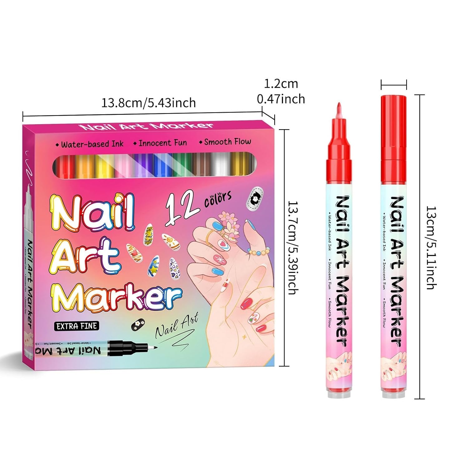Waterproof Nail Art Pen, 12 Colors Nail Art Pens Set, Fine Tip Nails Arts Pens 0.5mm, Precision Tip, Quick Dry, Nail Art Markers, For Xmas Manicure Tools (24set)