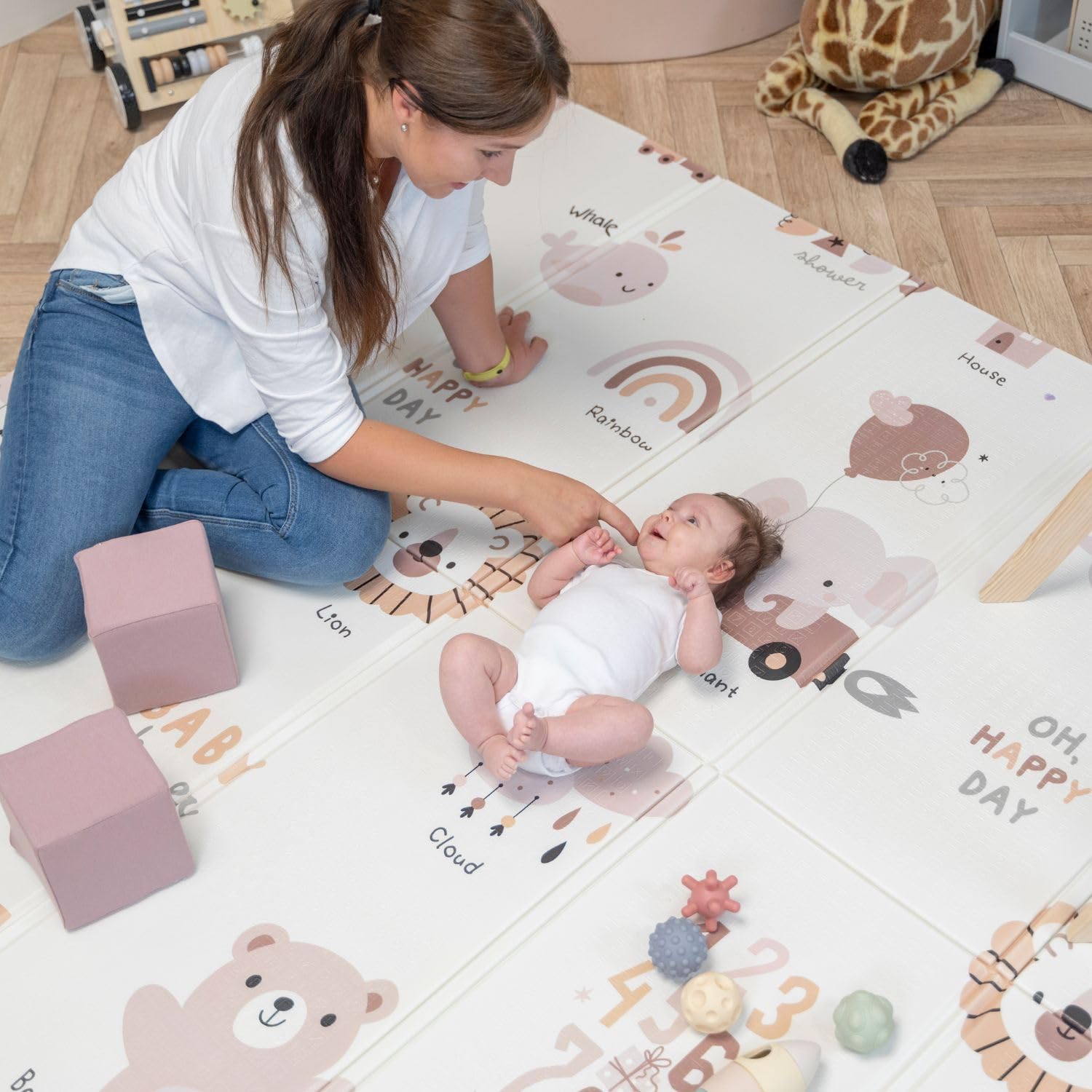 KiddyMoon Tappetino Da Gioco Per Bambini Tappeto Gattonamento In Schiuma Reversibile Pieghevole Tappeto Neonato Impermeabile Con Motivi Educativi Per Interni Ed Esterni 180X200x1cm, Marrone-Elefante