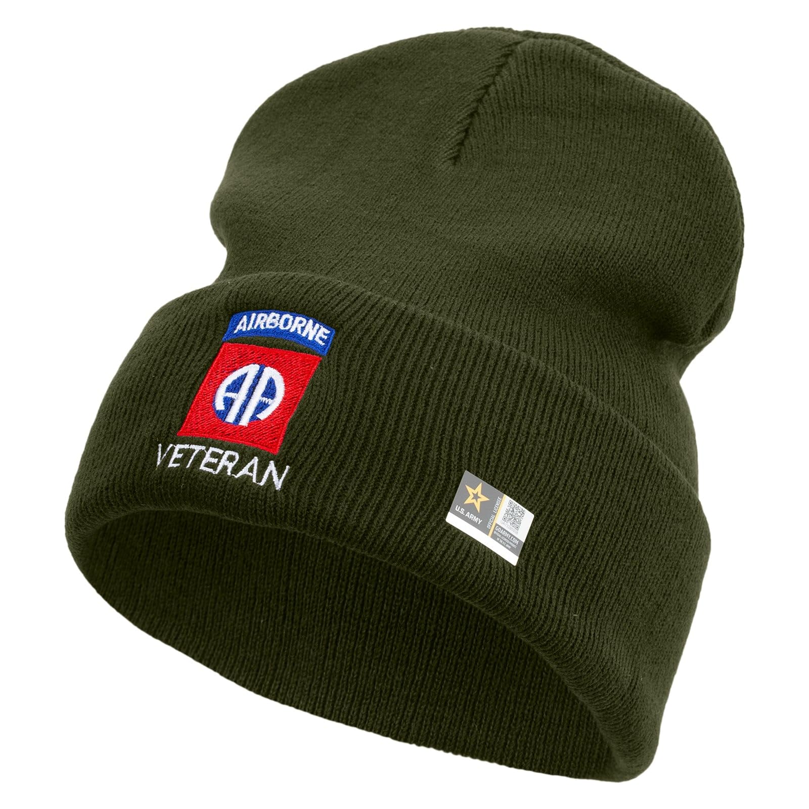 e4Hats.com 82nd Airborne Veteran Embroidered 12 Inch Long Knitted Beanie One Size Olive