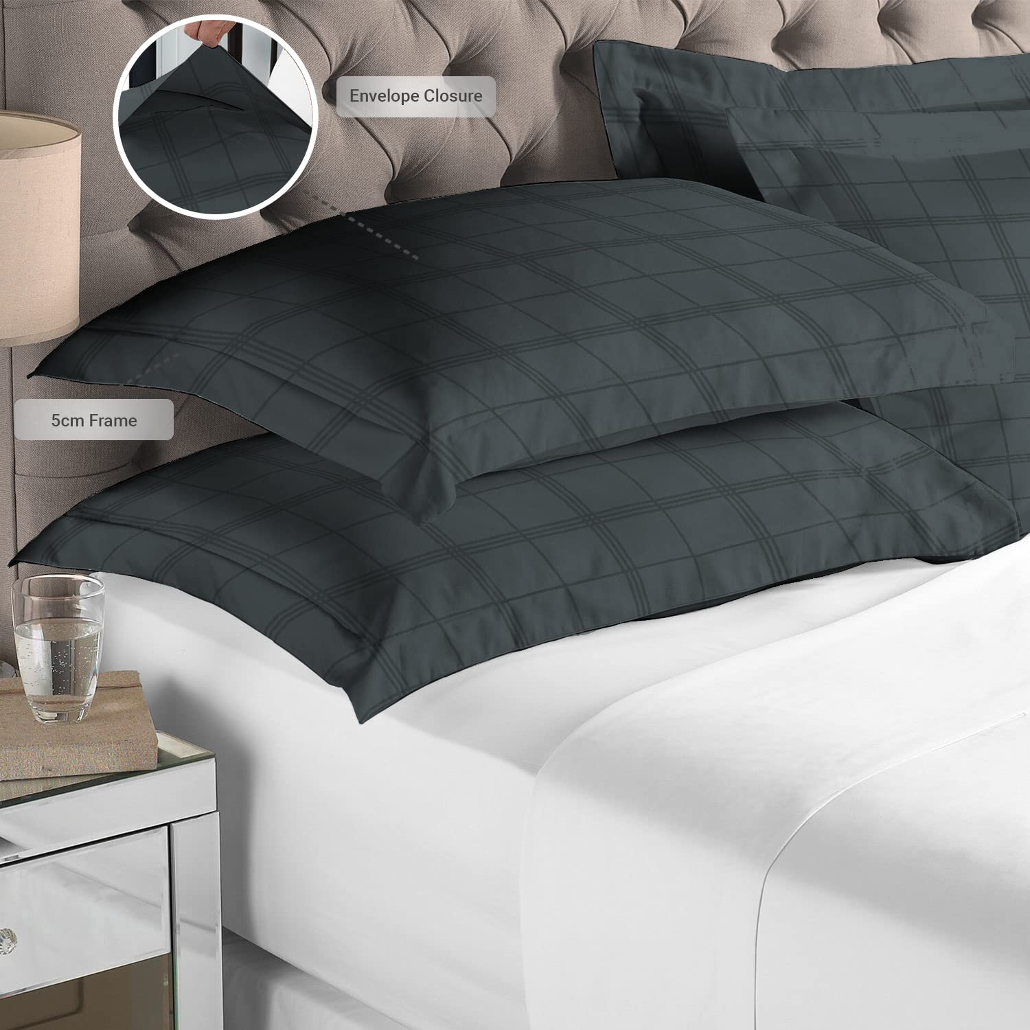 Pizuna Anthracite Grey Big Checked Bedding Cotton King Size Pillow Cases 2 Pc - Image 3