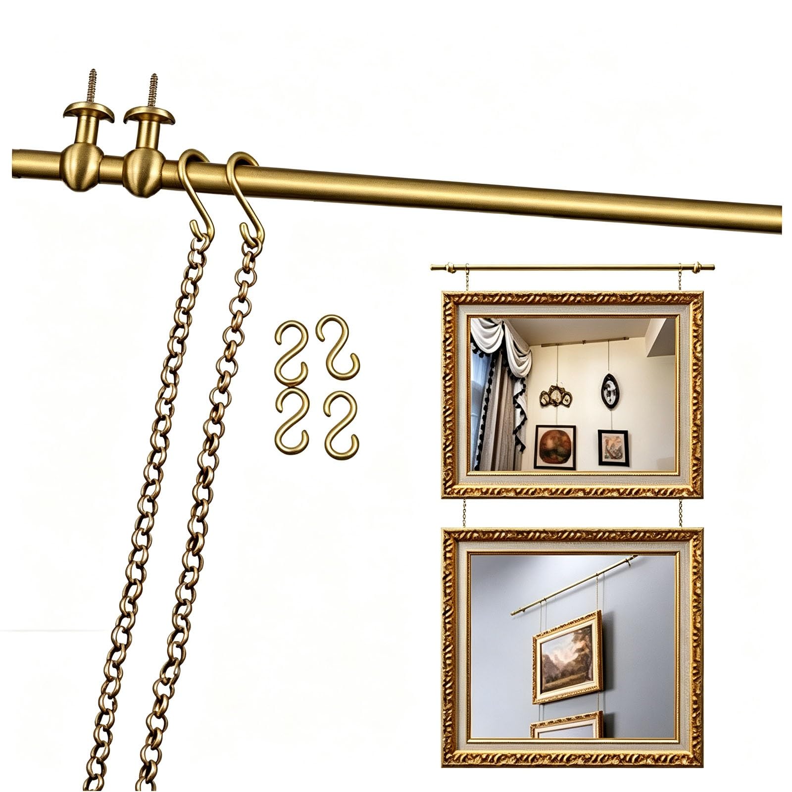 BiSaXieTa Brass Picture Rail, Gallery Art Display Rod, with Chains & S Hooks, Indoor Art Picture Hanging Track, for Home Museum Porch Wall Decor(0.9m(35.4") Rod)