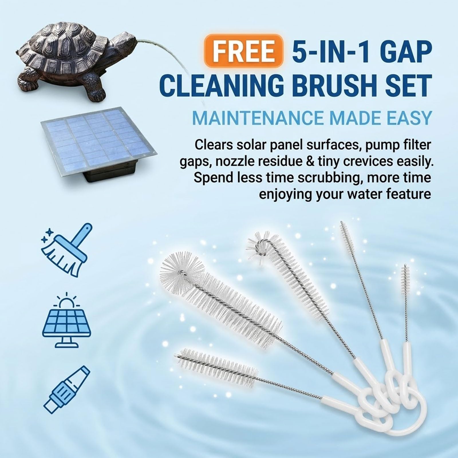 Fuente Solar De Tortuga De Resina Con Surtidor Para Estanque – Aireador Solar Para Jardín Y Baño Para Pájaros, Incluye Kit De Cepillos De Limpieza