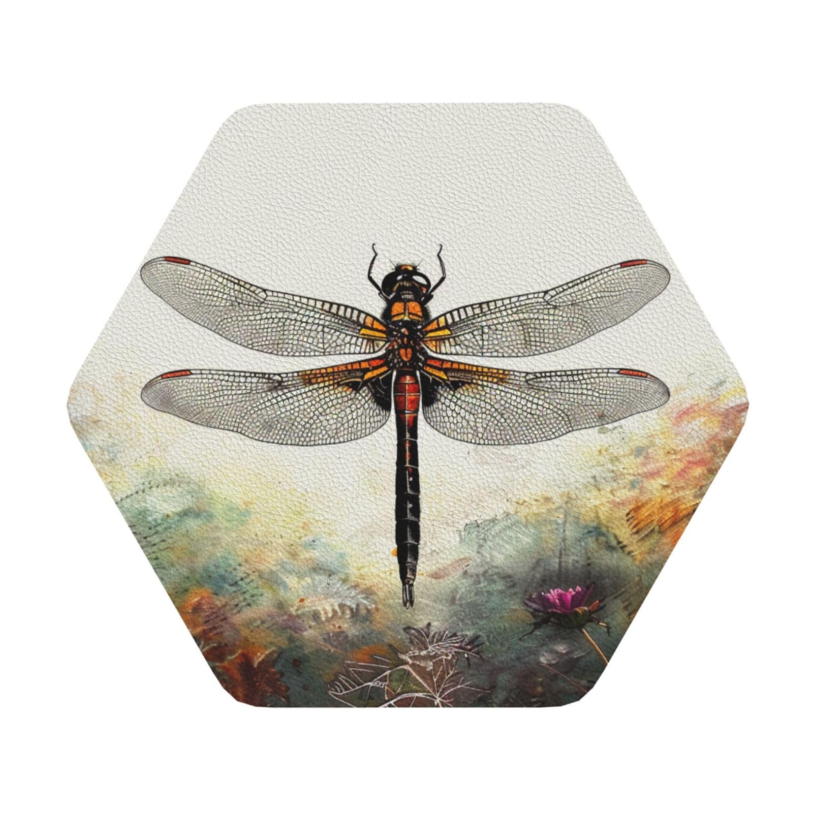 Dragonfly Printed Coasters for Drinks, Leather Coaster Sets of 4, Funny Coffee Cup Coaster, Absorbent Coaster for Home and Office Kitchen Bar Hexagon